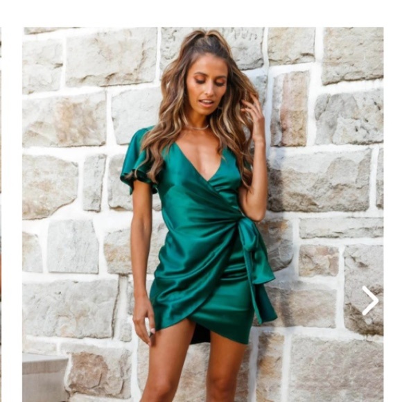 Selfie Leslie Ireland silky angel sleeve wrap mini dress in jade